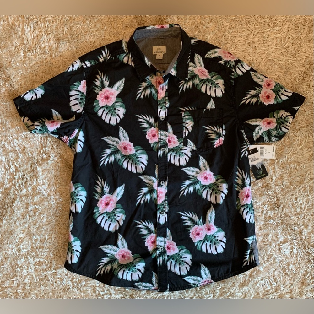 Burnside Men’s Tropical Shirt-Black with Pink Flowers-Size L New
